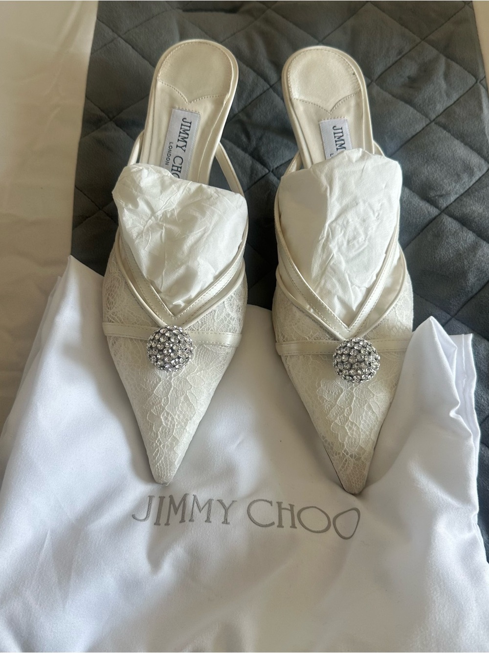 Jimmy Choo Ivory Lace Pointed Mules with Crystal Brooch